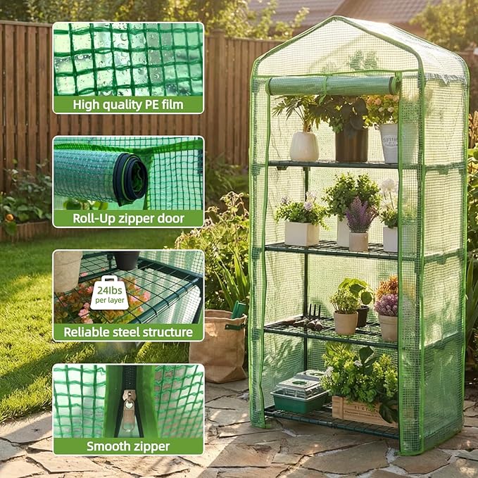 4 Tier Mini Greenhouse - Portable Indoor Outdoor Green House with 24lbs Per Shelf, Durable PE Cover & Tool-Free Assembly for Garden Balcony Patio Backyard