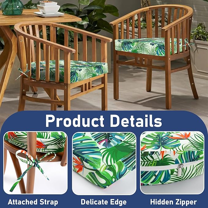 Topotdor Outdoor Chair Cushions Set of 2, Waterproof Patio Chair Cushions for Outdoor Furniture, Round Corner Seat Chair Pads with Ties for Patio Garden Dining Office, 18"x18"x2", Tropical Plant