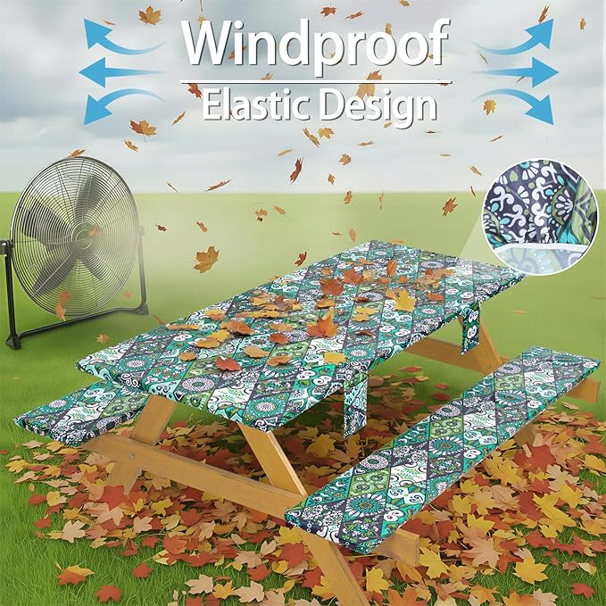 Fitted Waterproof Picnic Table Cover with Bench Covers Elastic 72×30In 3 Piece Camping Table Cloth for 6Ft Rectangle Tables Outdoor Camper Gifts Supplies Patio Rv Traveling Hiking Must Haves