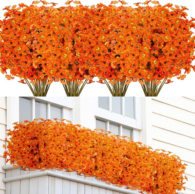 16 Bundles Artificial Mums for Outdoors Garden Home Decoration Fake Mums Decoration UV Resistant Fake Mums Silk Faux Flower Plastic Plants for Outside No Fade Fall Decor for Front Porch Pot Decor