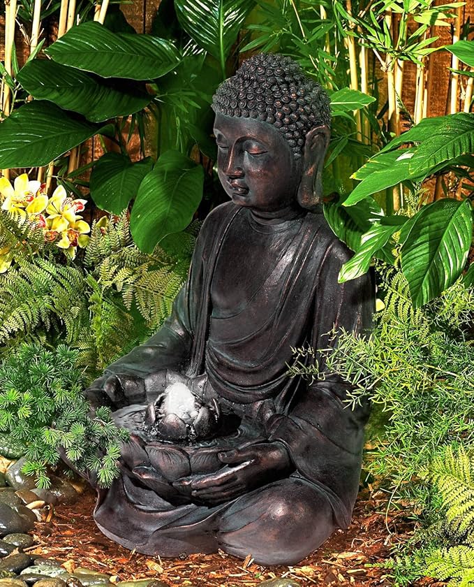 Meditating Buddha 24" High Large Zen Asian Indoor Outdoor Decor Resin Floor Fountain with Light LED Standing Bubbler Water Feature for Outside Garden Patio Yard Backyard Porch Deck - John Timberland