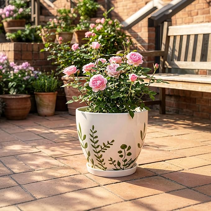 10 Inch Plant Pot - Ceramic Planter for Indoor Outdoor Flowers, Decorative Round Indoor Flower Pot with Drainage Hole and Saucer, Plant Lover Gifts, Garden Patio Home Office Decor, White