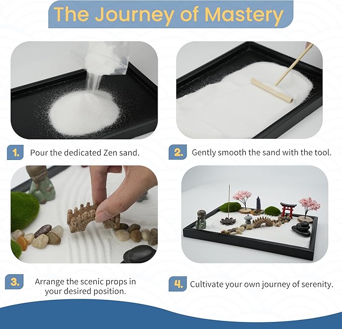 Zen Garden Kit for Desk, 12x8 Inch Sand Tray with 16 Accessories and 6 Tools, Japanese Meditation Mini Garden Set,Mini Meditation Decor for Adults, Stress Relief, Home & Office Decor, Unique Gift Set.