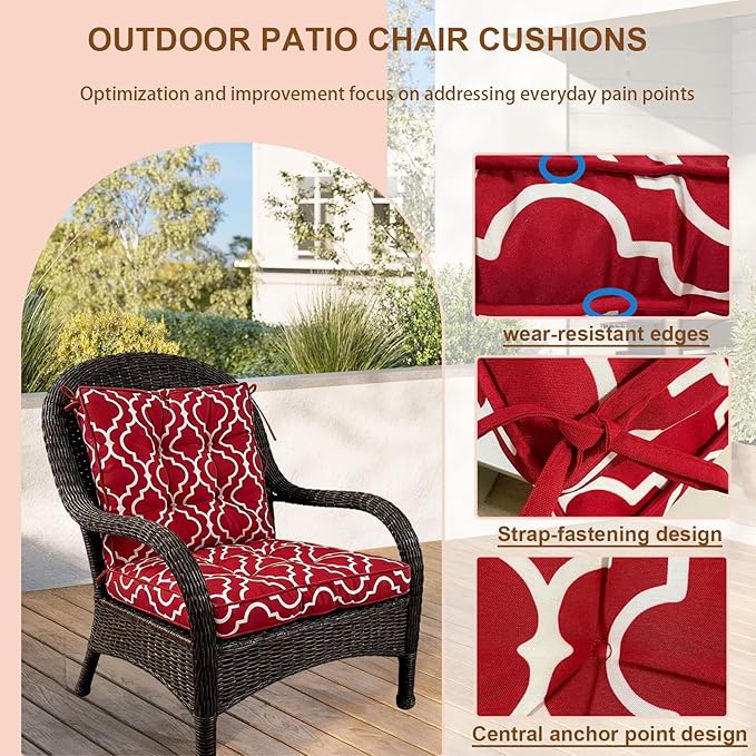 2 Piece Outdoor Patio Chair Cushions, Fade Resistant Outdoor Cushions for Patio Furniture, 6 inch Thickened Rocking Chair Cushions Set (Red Geometric Patterns, 24x24x6 inch - 2 Pieces)