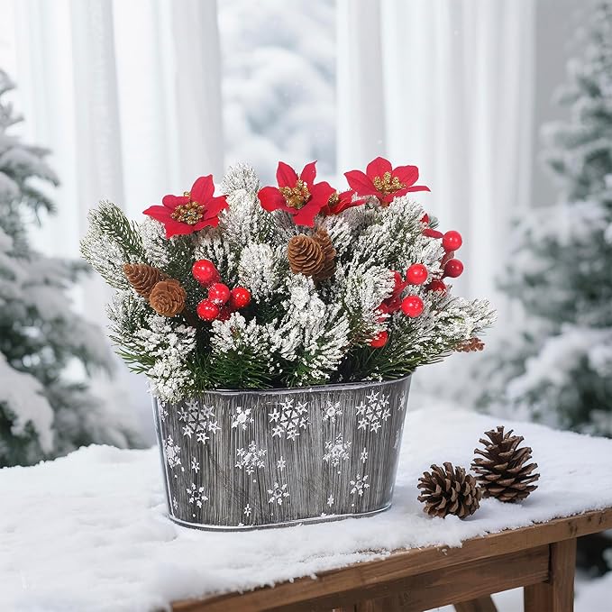 Christmas Centerpiece Table Decorations, Artificial Norfolk Pine with Poinsettia Flowers, Pine Cones & Berries in Metal Planter, Dining Table & Coffee Table Centerpiece for Christmas Décor, 1-Pack
