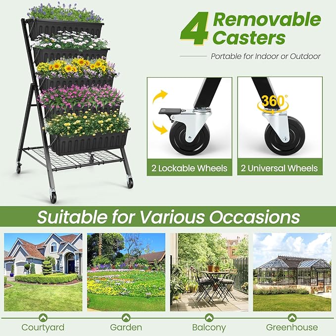 Suyncll Vertical Raised Garden Bed Planter Box, 5 Tiers Vertical Garden Planter with Drainage System and 4 Hooks for Plants Vegetables Flowers (Black with Storage Shelf & Wheels)