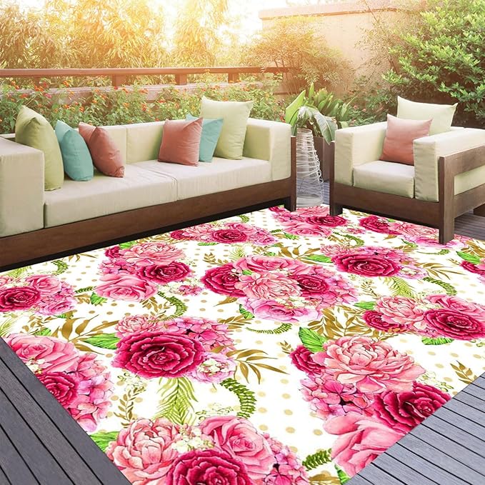 Vibrant Floral Pink Outdoor Rug Modern Contempporary Art Deco Washable Area Rug for Patio Porch Deck Balcony Waterproof Durable Backyard Carpet Cute Garden Large Rugs 2x3
