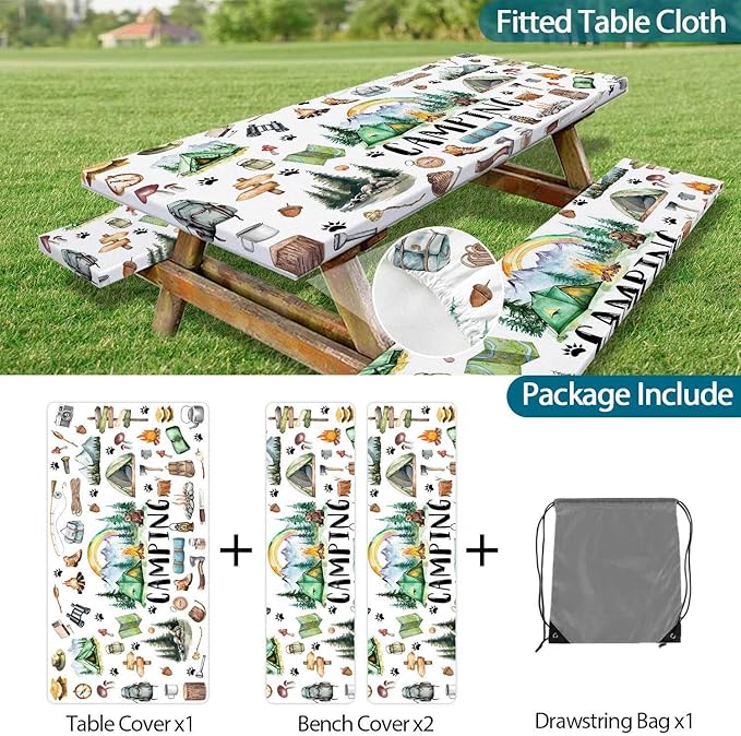 Picnic Table Cover with Bench Covers, Happy Camper RV Camping Tablecloth Fitted Picnic Picnic Table Cover with Elastic Windproof Waterproof, Outdoor & Garden Camping Accessories Essentials, 96in