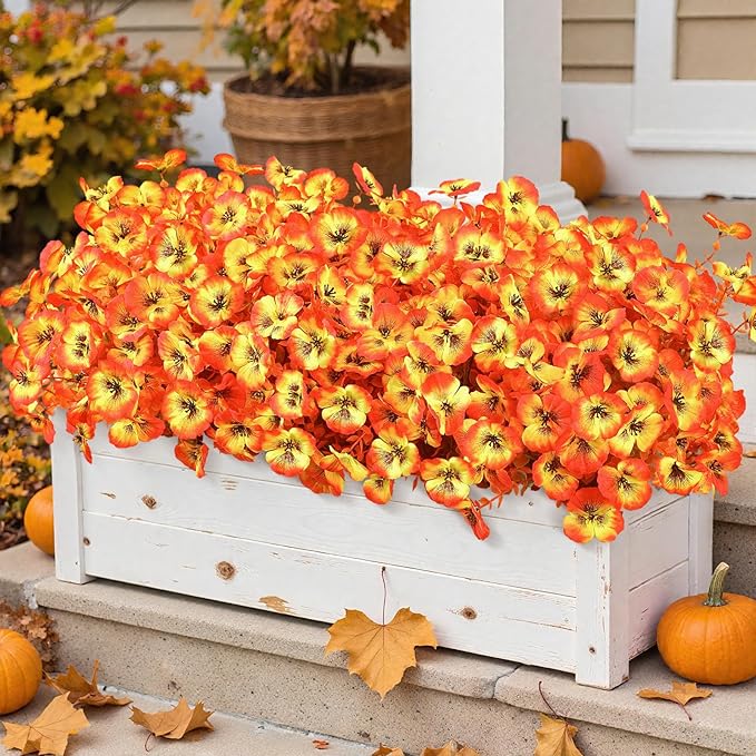 Alupssuc 40 Bundles Artificial Fall Flowers for Outdoors Autumn Decorations, Fake Big Pansies Silk Plants UV Resistant Realistic Faux Flowers Plants for Planter Porch Patio Window Decor, Autumn Orange