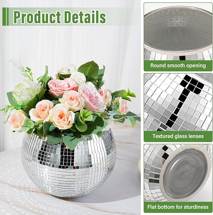 6 Pieces Disco Ball Flower Vase Mirror Disco Ball Glass Planter Candle Holder Glass Vase Bulk for Wedding Centerpieces Bedroom Kitchen Office Decoration Birthday (Silver, 5 x 6 Inch)