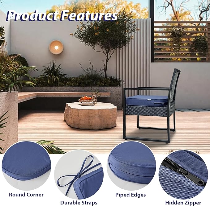 Outdoor Chair Cushions Set of 4, Waterproof Outdoor Seat Cushions for Patio Furniture, Patio Chair Cushion with Handle and Ties, Round Out Door Chair Pads,18.5" x 16" x 3", Navy Blue