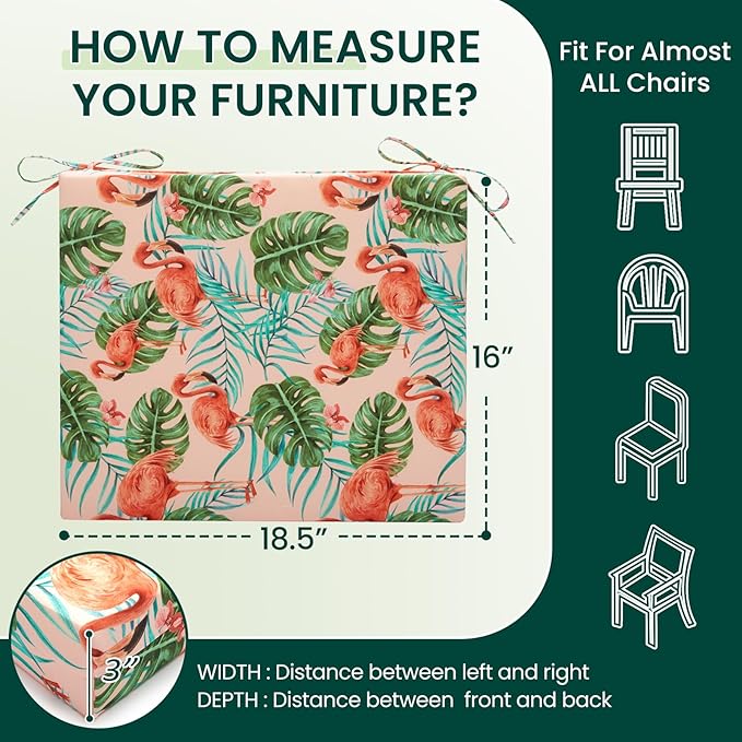 HARBOREST Outdoor Chair Cushions Set of 4, Water Resistant Patio Chair Cushions with Ties, Square Corner Outdoor Seat Cushions for Patio Furniture, 18.5"x16"x3", Flamingo