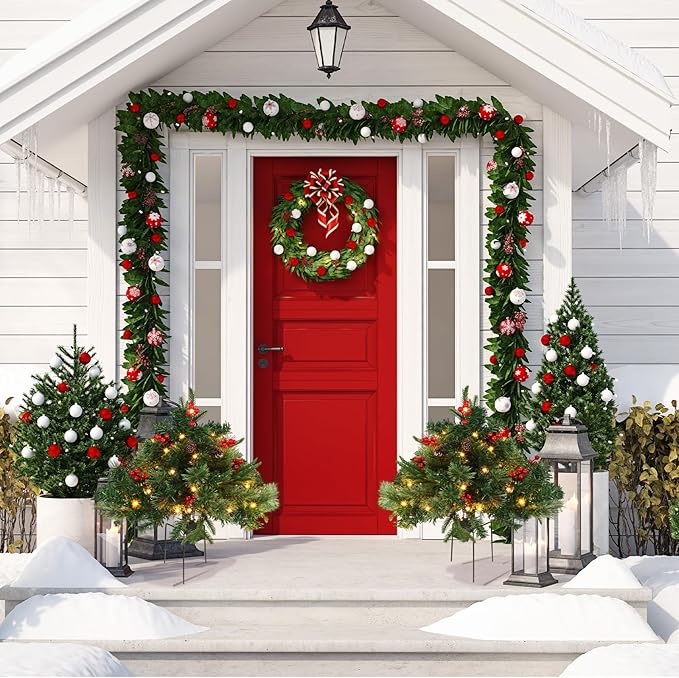 Tigeen 2 Pcs 22 Inch Timer Prelit Christmas Urn Filler, Outdoor Planter Pots Filler Prelit Xmas Pine Trees with Cones and Red Berries 50 Warm White LED with 8 Light Modes for Yard Porch Decor(Classic)