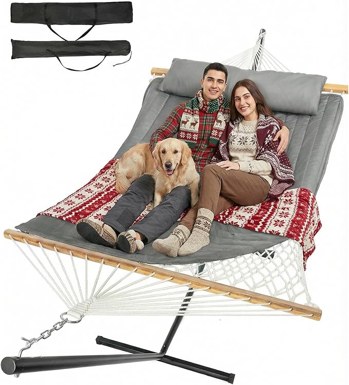 2 Person Outdoor Hammock with Stand, Cotton Rope Hammock with Polyester Pad, Adjustable Steel Frame, Portable with Carrying Bag – for Patio, Backyard, Garden, Beach,Dark-Gray
