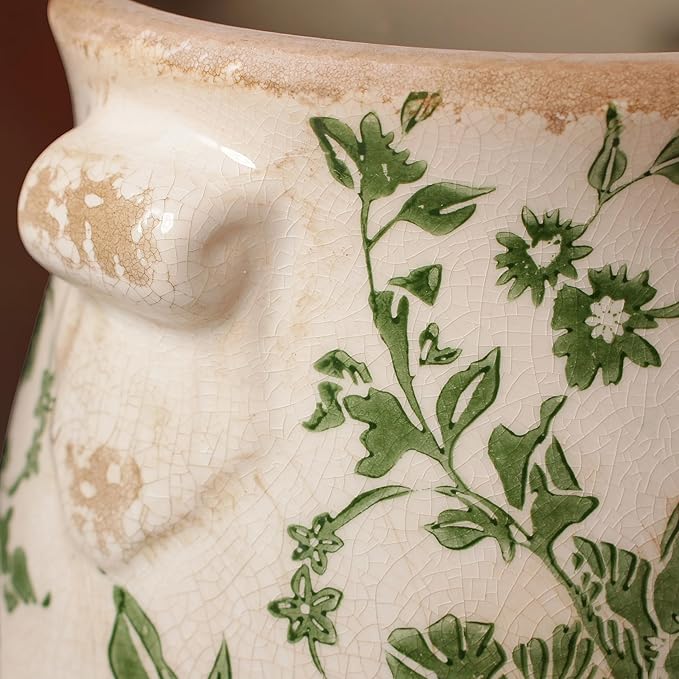 Ceramic Flower Vase Home Decor, Farmhouse Cottagecore Vases & Planting Pots with Drainage, English Cottage Kitchen Dining Table Decorations for House Living Room Bookshelf, Green