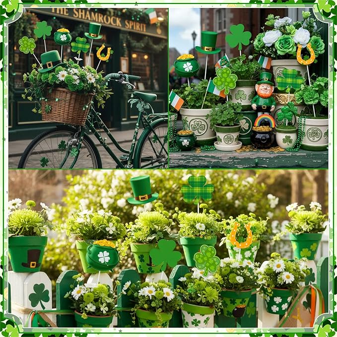 Pickmesh 6 Pcs 12" H St. Patrick's Day Yard Sign Shamrock Metal Yard Sign Irish Barn Garden Stake for Planter Pot Walkway Pathway Saint Patricks Outdoor Decor Lawn Decoration