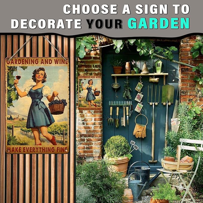 PEACHGARDEN Garden Vintage Tin Sign Gardening and Wine Make Everything Fine Metal Tin Sign for Bar Pub Cafe Wall Kitchen Bathroom Outdoor Indoor Wall Decor 8x12inch