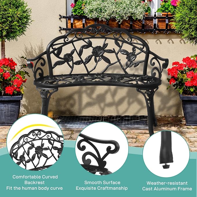 Outvita Patio Garden Bench, 38" Cast Aluminum Outdoor Chair Anti-Rust Weather Resistant Patio Bench Rose Pattern Bench for Front Porch, Backyard, Lawn