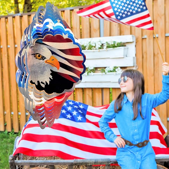 3D Eagle Wind Spinner - American Flag Eagle Design, 12In Holographic Hanging Wind Sculptures, Outdoor Yard Garden Decor for 4th of July, Memorial Day, for Men Women Dad Mom