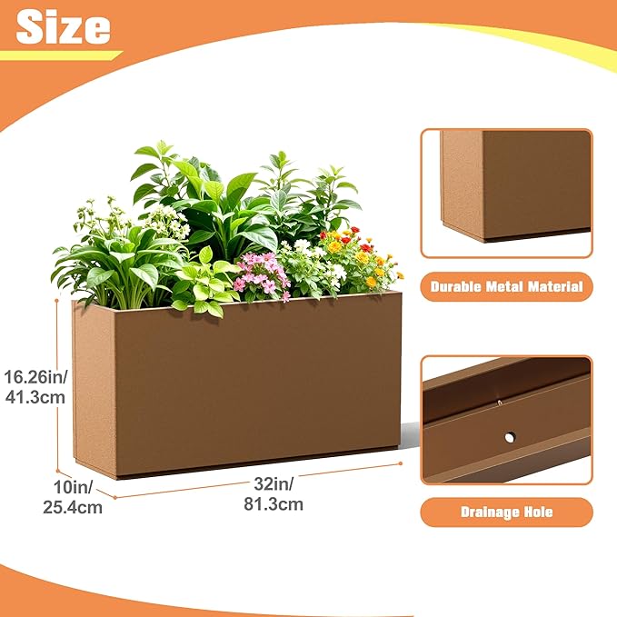 Rectangle Planter for Indoor & Outdoor, Tall and Long Planter Boxes with Drainage Holes, Mental Planter Box All-Weather Use for Plants, Flowers, 32" L x 10" W x 16.3" H, Brown