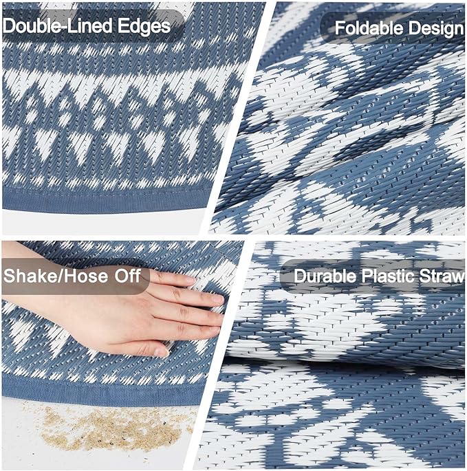 Cekene Round Outdoor Rugs for Patio 5Ft Waterproof Reversible Outdoor Patio Rugs Blue Lightweight Plastic Straw Rugs Portable RV Camping Mat Floor Carpet for Deck Porch Picnic