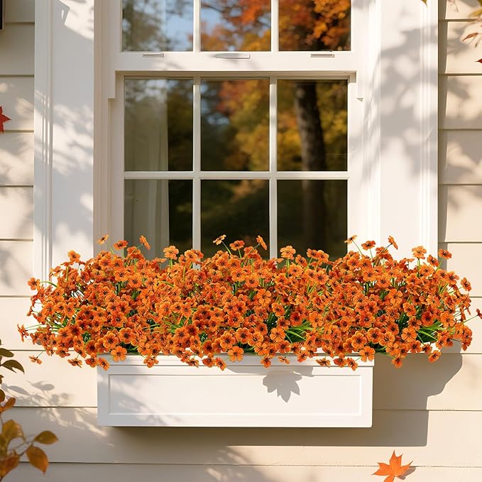 Artificial Mums Fall Fake Flowers for Outdoors, 12 Bundles Faux Mums for Outdoor Planters Autumn Decorations,UV Resistant Silk Flowers for Front Porch Garden Patio Home Decor(Orange)