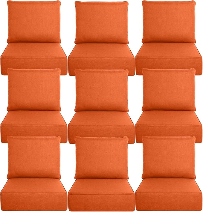Belord Luxury 6" Thick Outdoor Cushion 9 Set - 24 x24 Inch 28D Sponge Filling Fade-Resistant Chair Cushion, Spill Proof Removable Patio Furniture Replacement Cushion for Sofa Bench Swing - Orange