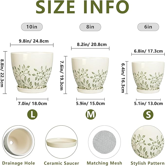 Ceramic Pots for Indoor Plants - 10+8+6 Inch Planters with Drainage Holes and Saucers, Decorative Boho Round Indoor Planters Pots, Room Decor, Gifts for Plant Lovers, Set of 3, White