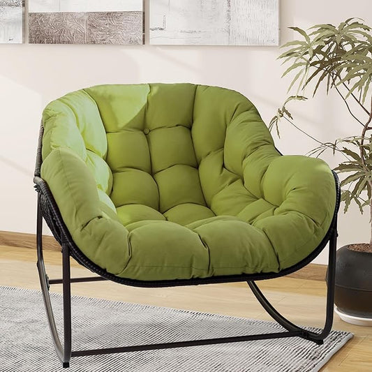 Papasan Rocking Chair, Oversized Papasan Chair with Cushion and Frame for Indoor& Outdoor, Deep Seat Egg-Shaped Rocker Chair for Garden, Deck, Living Room, Green