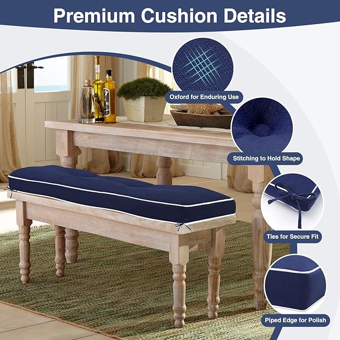 Favoyard Indoor/Outdoor Bench Cushion 36 x 14 Inch Waterproof & 3-Year Fade-Resistant Patio Furniture Cushions for Garden Porch Swing Chair Tufted Pad for Sofa Couch Seat with Ties, Blue