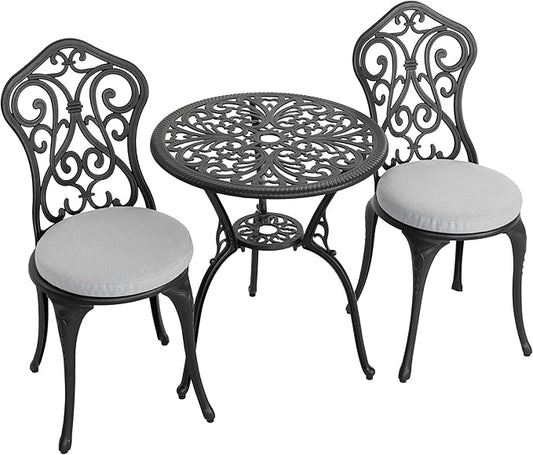 NUU GARDEN 3 Pieces Patio Bistro Set, Outdoor Bistro Set with 2 Chairs, Round Table with Umbrella Hole, Outdoor Bistro Set with Umbrella Hole and Grey Cushions, Black