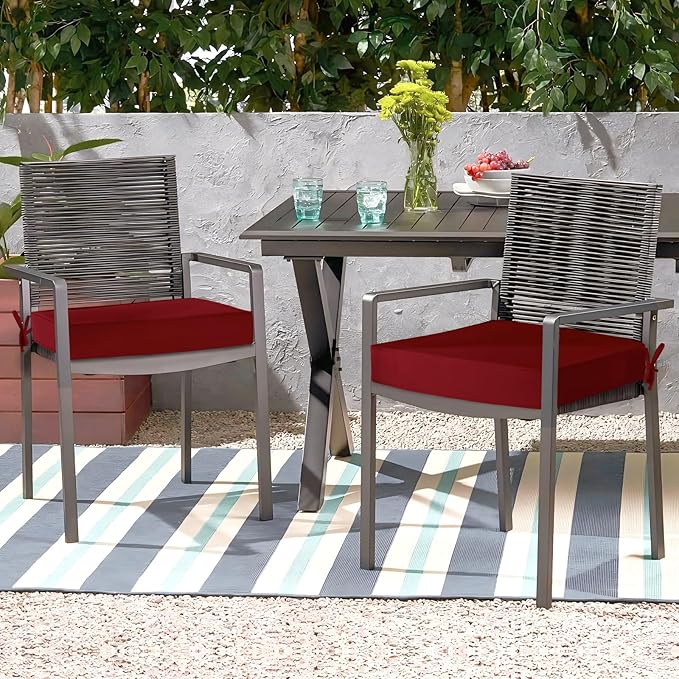 Waterproof Outdoor Chair Cushions Set of 2, Square Outdoor Seat Cushions with Ties and Removable Covers, 19 x 19 Outdoor Cushions for Patio Furniture with Portable Handle(Burgundy)