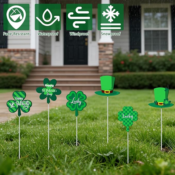 6 Pcs St. Patrick's Day Outdoor Decorations, Metal Shamrock Decorative Garden Stakes Yard Signs Perfect for Garden Lawns, Porches, Potted Plants and St. Patrick's Day Party Decor