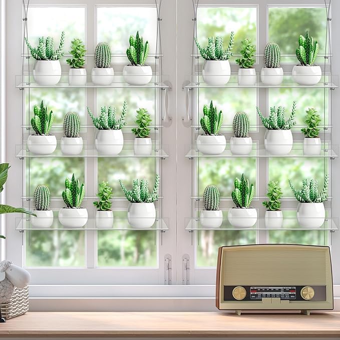 2 Pcs 16 Inch 3 Tier Clear Hanging Window Plant Shelves Acrylic Shelves Hanging Plant Stand Window Hanger Flower Pot Organizer Storage for Indoor Wall Garden Grow Herb