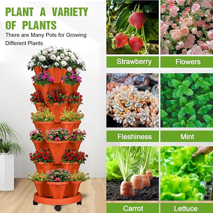 Vertical Strawberry Planter 7 Tier Stackable Tower Herb Planters Stacking Outdoor Garden Red Planters Pot with Tools Mover for Growing Flowers, Vegetables and Succulents