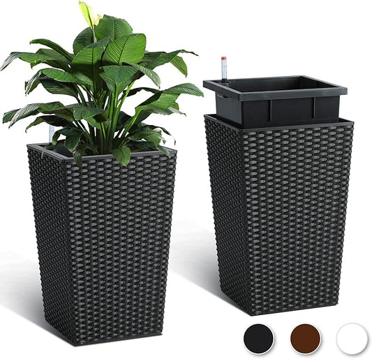 16 Inch Tall Planter Set of 2 Large Rattan Flower Pot with 2 Trays & a Water Level Monitor & Wheels Outdoor and Indoor for Patio, Porch, Living Room, or Home Office, Black
