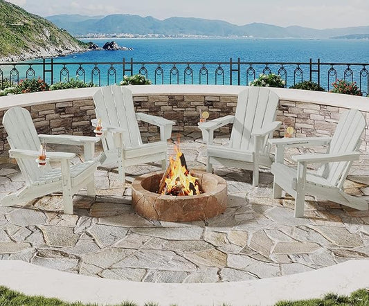 Folding Adirondack Chair Set of 4, All-Weather HDPE Outdoor Chair, Wooden Textured with Cup Holder for patios, Decks, Gardens, fire pits, White