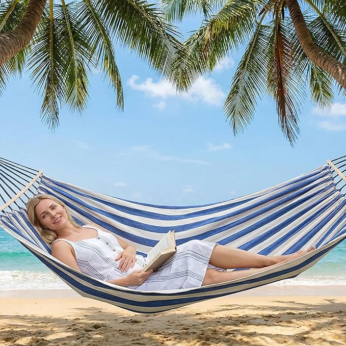 Anyoo Garden Cotton Hammock Comfortable Fabric Hammock with Spreader Bar Sturdy Hammocks Up to 450lbs Portable Lightweight Hammocks with Travel Bag for Camping Outdoor/Indoor Patio Backyard