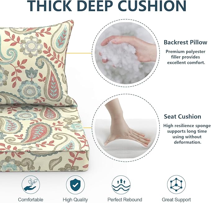 Outdoor Deep Seat Cushion Set, Water Repellent 22"x22" Patio Thick Cushions Replacement with Seat & Back Pillow for Patio Sofa, Wicker Chair, Couch - Paisley Vintage