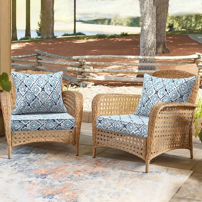 Outdoor Deep Seat Cushion Set, Water Repellent 24"x24" Patio Thick Cushions Replacement with Seat & Back Pillow for Patio Sofa, Wicker Chair, Couch - Boho Geometry Blue
