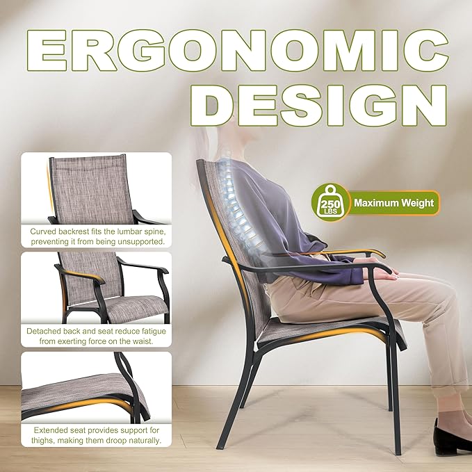 NUU GARDEN Outdoor Dining Chairs Set of 2, Textilene Patio Chairs with Aluminum Frame, Quick-Dry Rust-Resistant Chairs with Backrest & Armrests for Lawn Garden Backyard, Grayish Brown