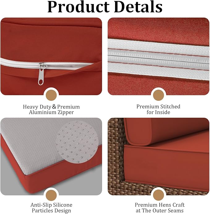 14 Pcs Outdoor Replacement Cushions for Patio Furniture, All Weather Water Resistant Cushion for 6 Seat Rattan Wicker Sectional Patio Conversation Sets and Couch (Brick Red)