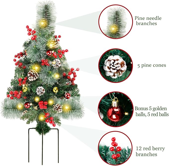 Juegoal 2 Pack 30 Inch Pre-Lit Pathway Christmas Trees, Upgrade Artificial Xmas Urn Filler with 60 LED Lights, Red Berries and Pine Cones Ornaments, Battery Operated Holiday Décor for Driveway, Yard