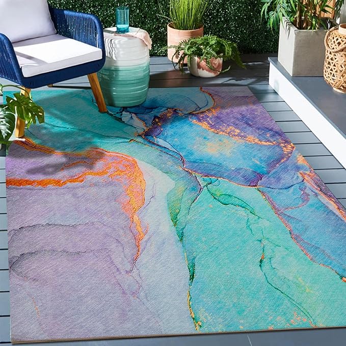 Abstract Washable Indoor Outdoor Rug, 8' x 10', Teal, Stain Resistant, Easy Clean, Modern Marble Abstract Teal Rug for Indoor/Outdoor Patio, Deck, Porch, Garden, Courtyard