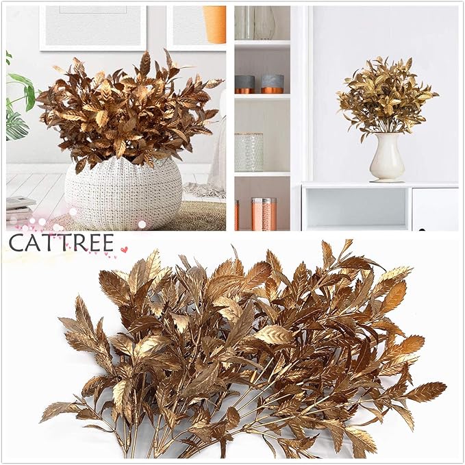 CATTREE Artificial Golden Plants for Christmas Decor, Fake Plastic Floral Faux Flowers Shrubs Simulation Bushes Indoor Outdoor Wedding Party Hall Office Table DIY Decoration - Gold Leaves 4 Pack