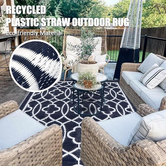 Pendolr 5’x8’ Outdoor Rug Waterproof Carpet Patio Outdoor Plastic Straw Rug Camping Rug Reversible Outside Outdoor Area Rug for Balcony Deck Backyard RV Picnic Beach Navy&White 01#