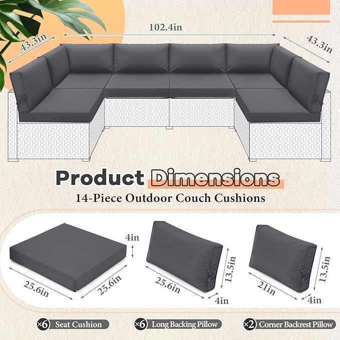 Patelai 14 Piece Outdoor Furniture Replacement Cushions Fits 6 Seat Patio Sectional Cushions Set Waterproof Couch Replacement Sofa Liner Cover for Porch Garden Balcony(Dark Grey)