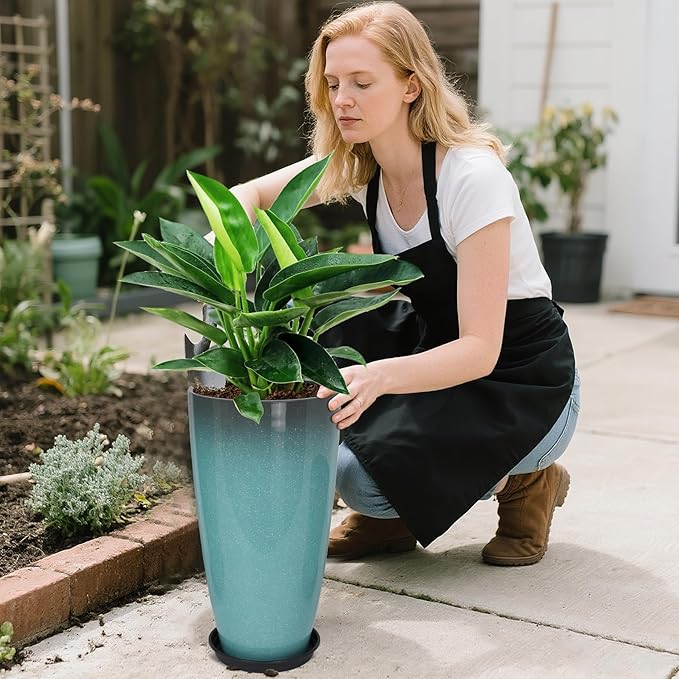 24/21/12 Inch Large Plastic Planter, Lightweight Ceramic-Look Tall Planters with Drain Hole & Saucers, Tall Plastic Planters for Porch, Garden, Patio, Balcony(Sky Blue)