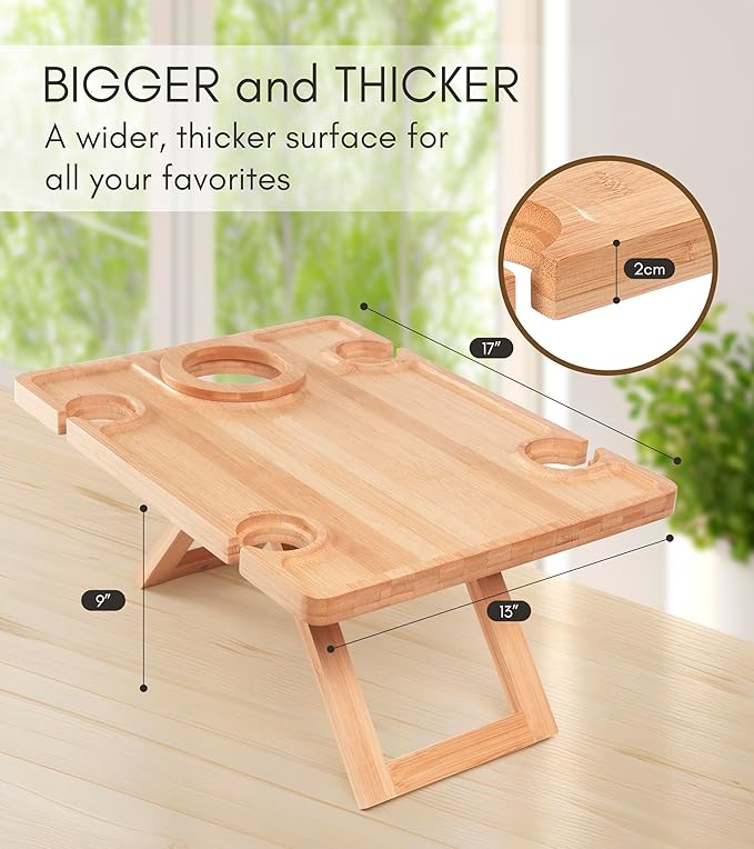 Outdoor Wine Picnic Table, Wooden Folding Picnic Table with Glass Holder, Bamboo Wine Glass Snack Tray for Indoor & Outdoor Use, Includes Picnic Mat & Tote Bag