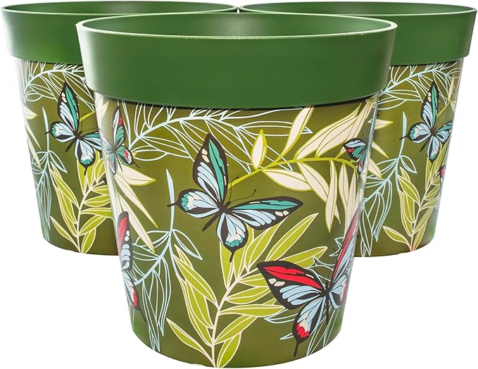 Hum Flowerpots, 10 inch Set of 3, Various Patterns Colors and Sizes, Indoor/Outdoor Plastic Plant Pots (Green Butterfly Palms)